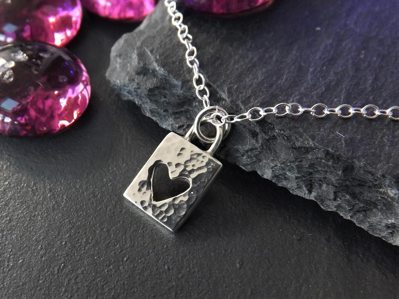 Sweethearts Padlock Necklace, Handmade hammered silver pendant on 16 inch sterling silver chain
